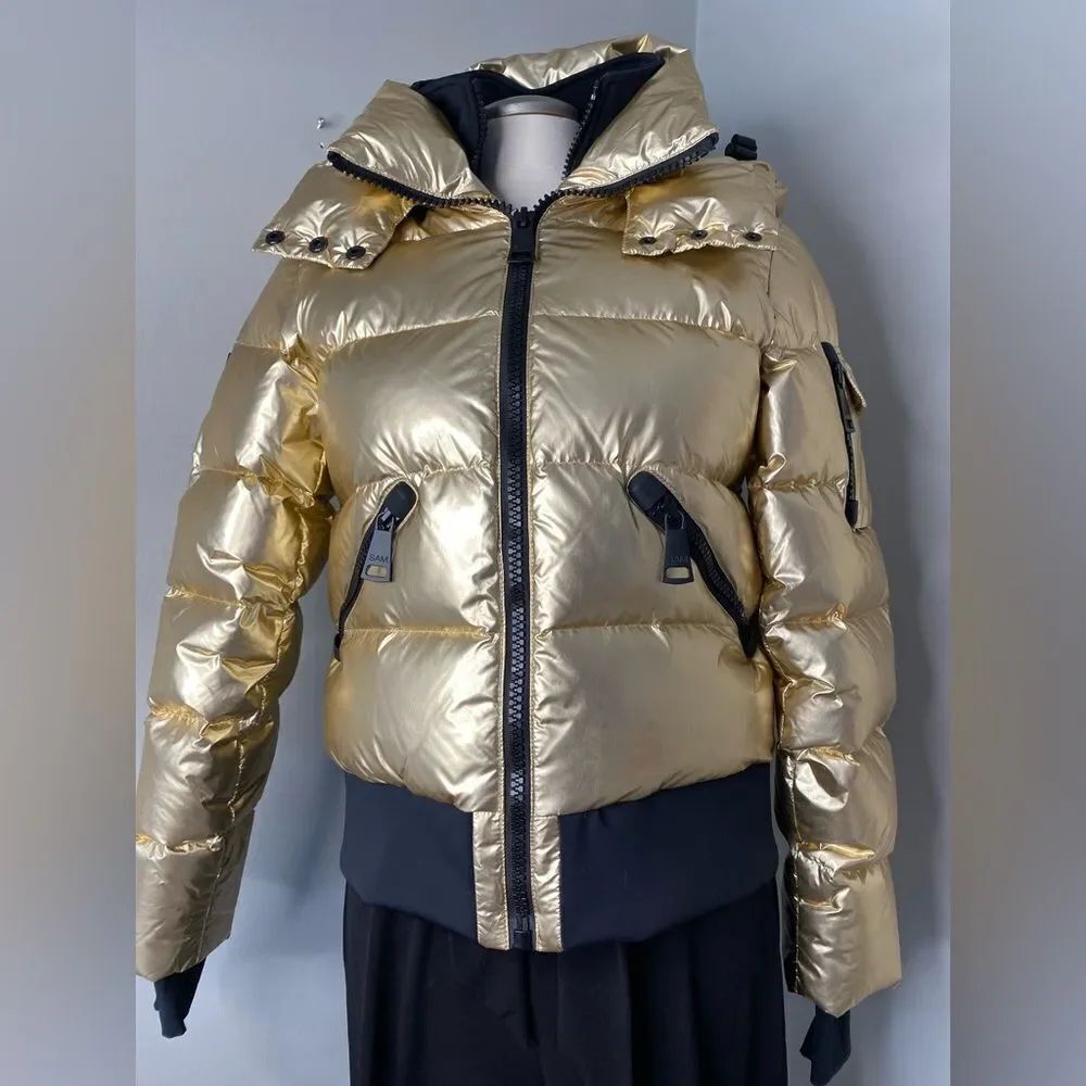 🛍️SAM New York Womans Bungalow Down Puffer Jacket Coat Size M Gold Hooded - Picture 14 of 16